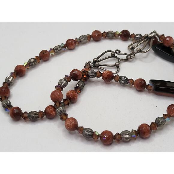 Fused Glass Art Pendant Necklace Goldstone Beaded Boho Statement 19 In - Picture 4 of 13